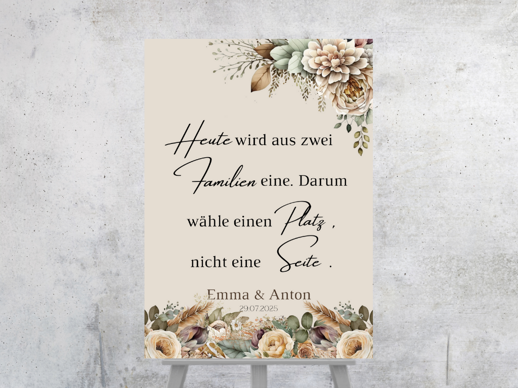 Heute wird aus zwei Familien eine Schild für Hochzeit Leinwand, Poster. Boho , Beige , Blumen JULIA