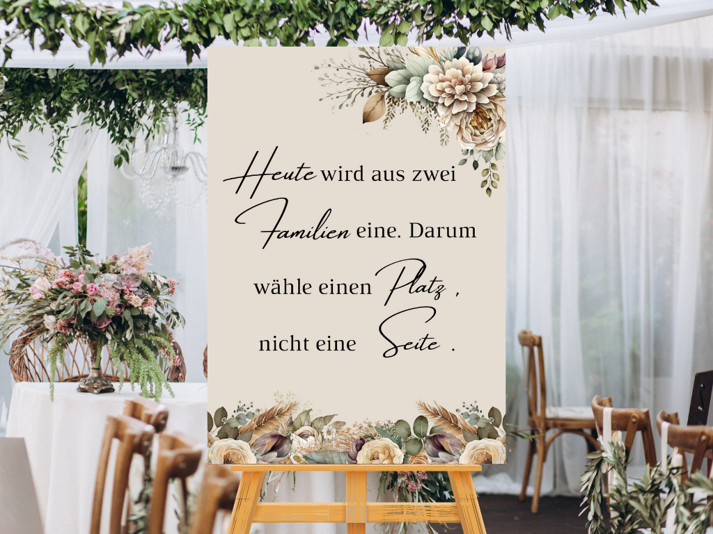 Heute wird aus zwei Familien eine Schild für Hochzeit Leinwand, Poster. Boho , Beige , Blumen JULIA