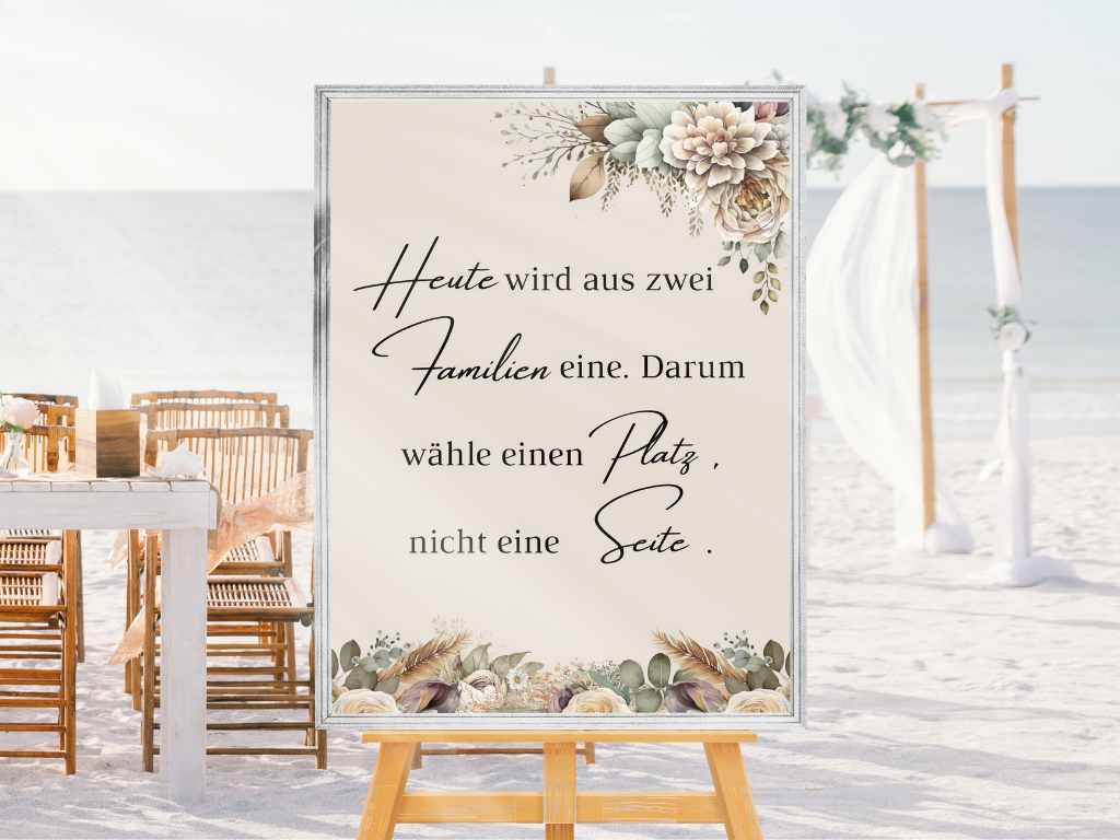 Heute wird aus zwei Familien eine Schild für Hochzeit Leinwand, Poster. Boho , Beige , Blumen JULIA
