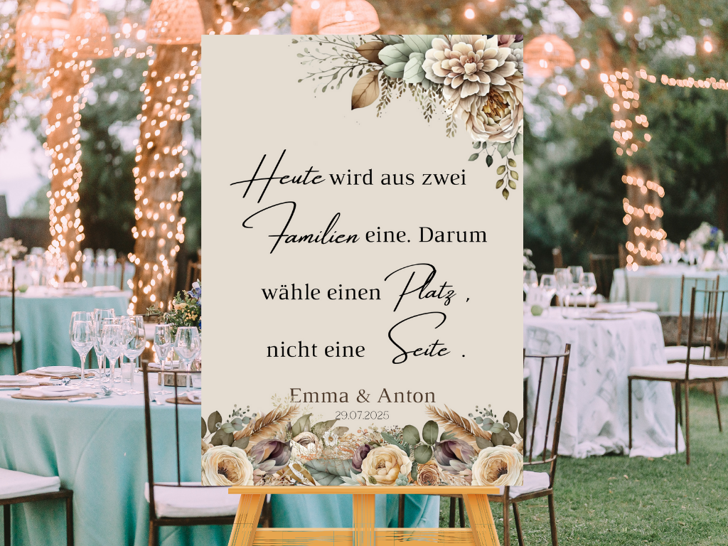 Heute wird aus zwei Familien eine Schild für Hochzeit Leinwand, Poster. Boho , Beige , Blumen JULIA