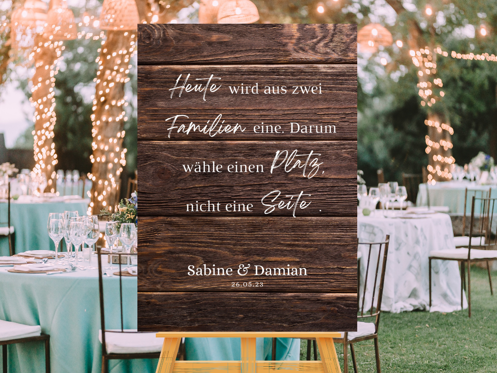 Heute wird aus zwei Familien eine Schild für Hochzeit Leinwand, Poster. Boho , Holzeffekt , Vintage LEONIE