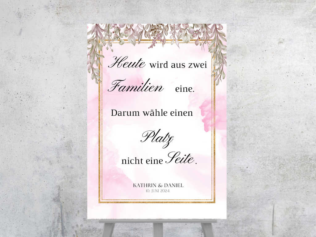 Heute wird aus zwei Familien eine Schild für Hochzeit Leinwand, Poster. Boho , Rosa Blumen MARTA