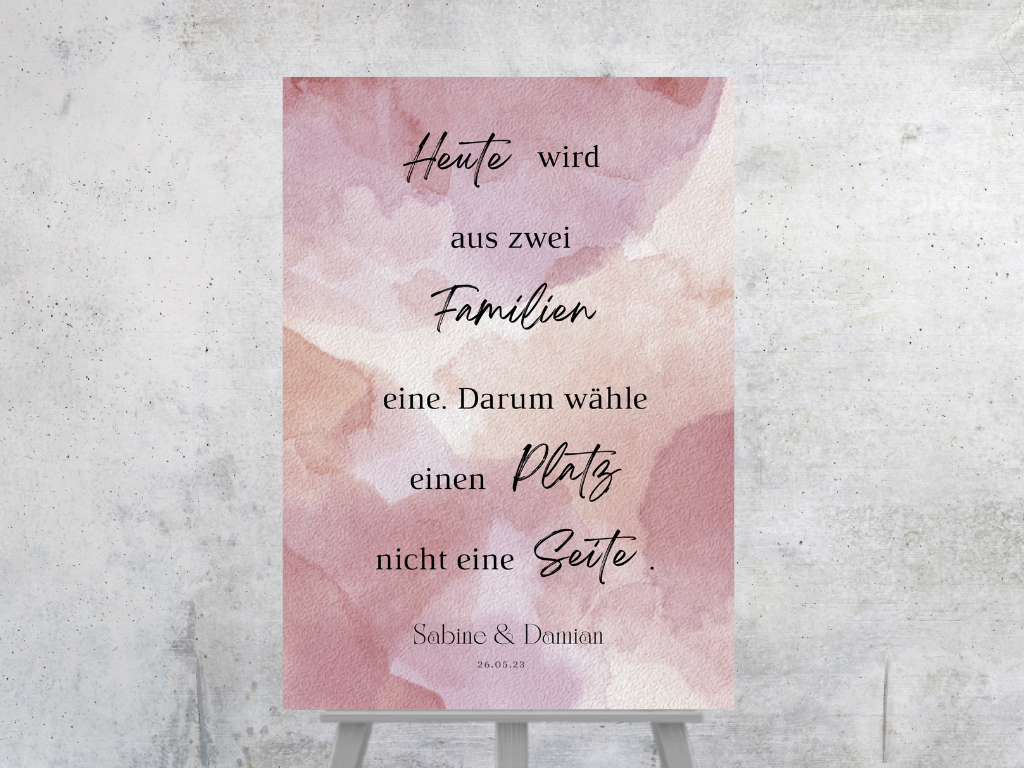Heute wird aus zwei Familien eine Schild für Hochzeit Leinwand, Poster. Glamour , rosa EMILY