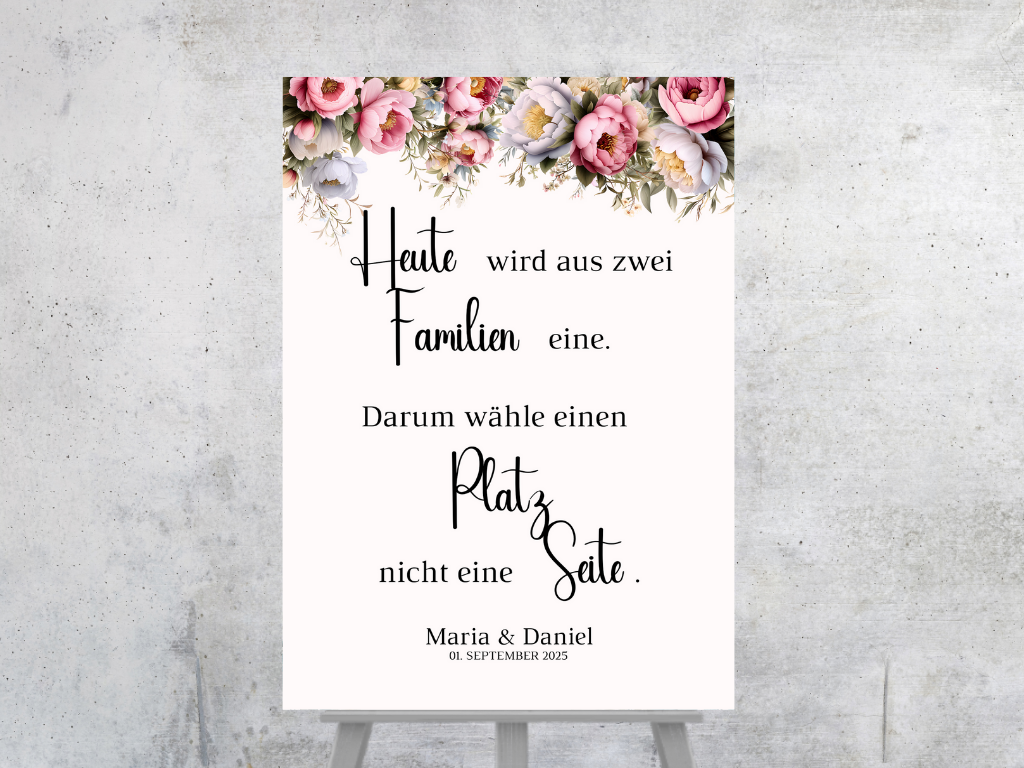 Heute wird aus zwei Familien eine Schild für Hochzeit Leinwand, Poster. Rote Blumen Boho KATRIN