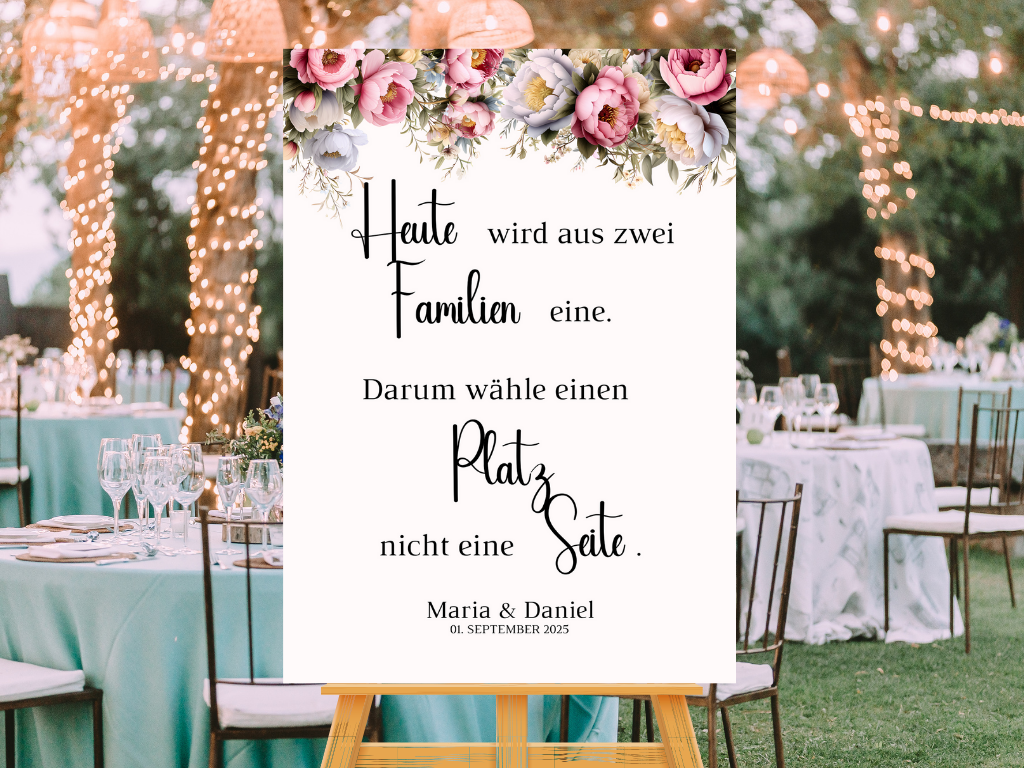 Heute wird aus zwei Familien eine Schild für Hochzeit Leinwand, Poster. Rote Blumen Boho KATRIN