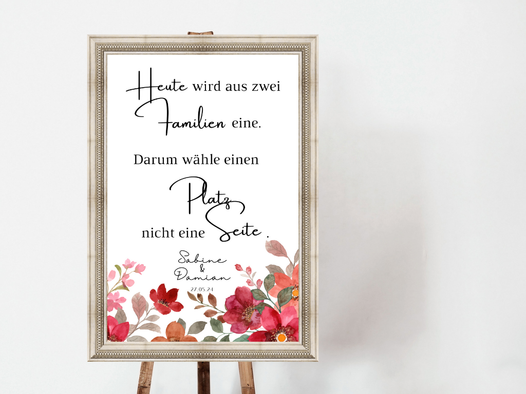 Heute wird aus zwei Familien eine Schild für Hochzeit Leinwand, Poster. Bunte Blumen , Rot , Vintage NATALIE
