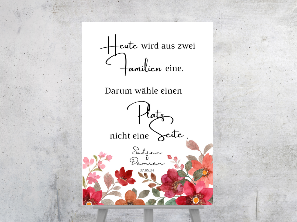 Heute wird aus zwei Familien eine Schild für Hochzeit Leinwand, Poster. Bunte Blumen , Rot , Vintage NATALIE