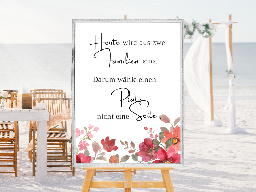 Heute wird aus zwei Familien eine Schild für Hochzeit Leinwand, Poster. Bunte Blumen , Rot , Vintage NATALIE