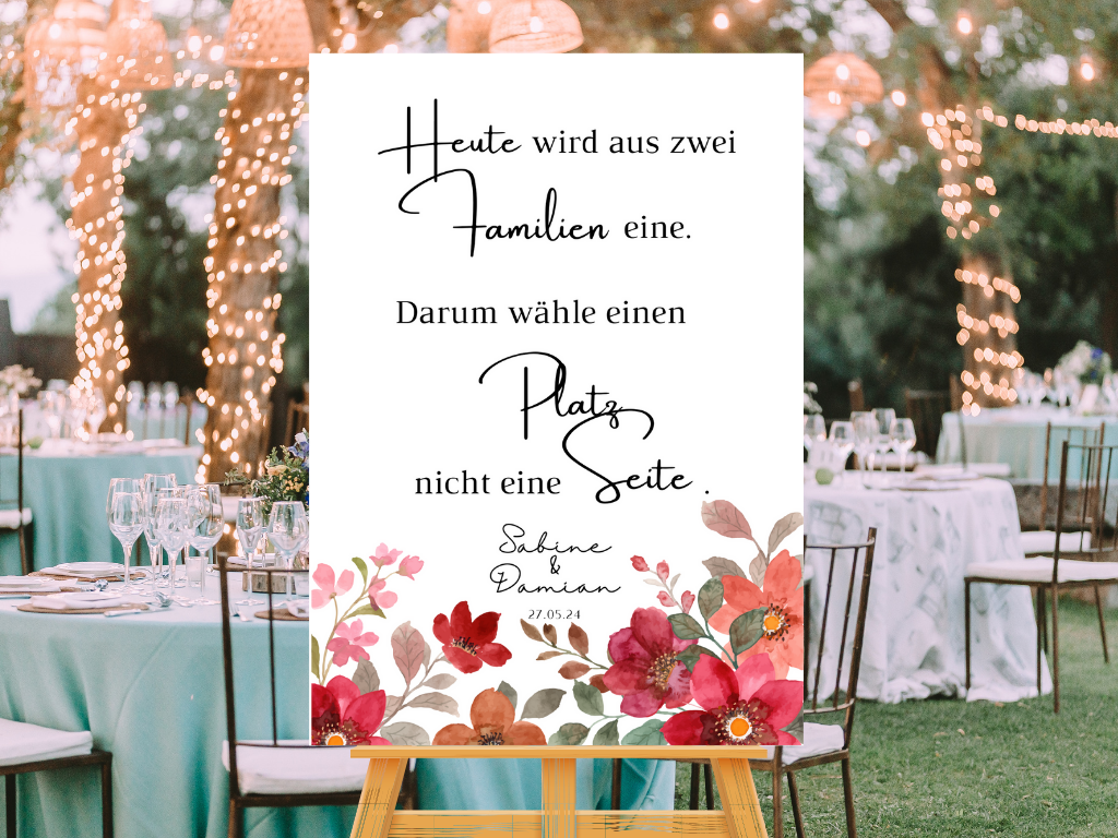 Heute wird aus zwei Familien eine Schild für Hochzeit Leinwand, Poster. Bunte Blumen , Rot , Vintage NATALIE