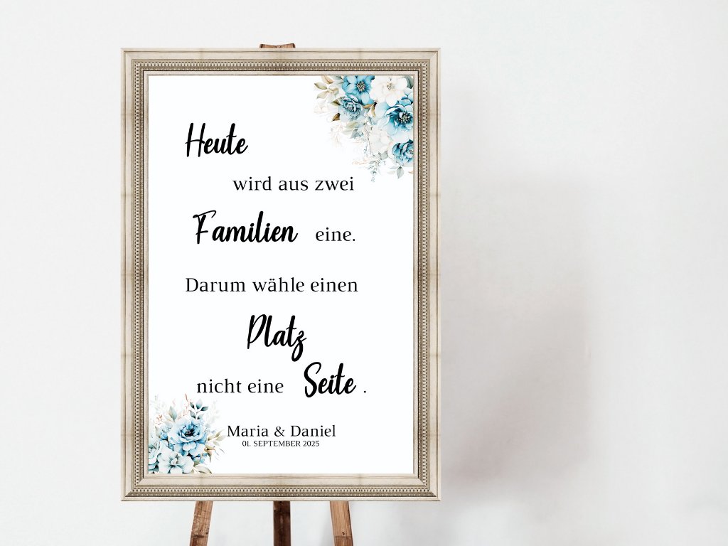 Heute wird aus zwei Familien eine Schild für Hochzeit Leinwand, Poster. Strand Hochzeit , Marine , Blaue Blumen ALICE