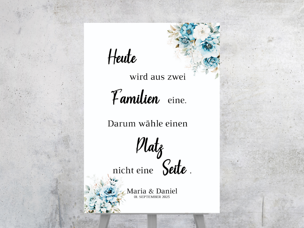 Heute wird aus zwei Familien eine Schild für Hochzeit Leinwand, Poster. Strand Hochzeit , Marine , Blaue Blumen ALICE