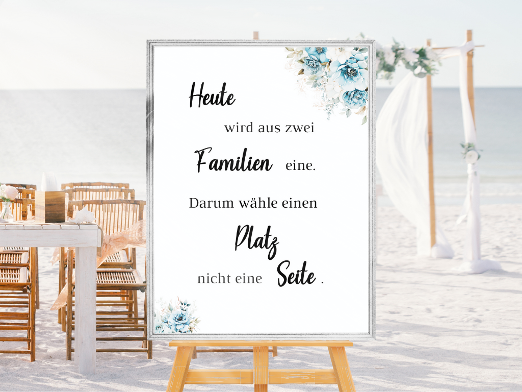Heute wird aus zwei Familien eine Schild für Hochzeit Leinwand, Poster. Strand Hochzeit , Marine , Blaue Blumen ALICE