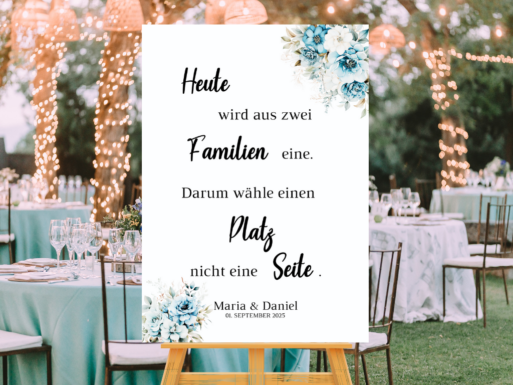 Heute wird aus zwei Familien eine Schild für Hochzeit Leinwand, Poster. Strand Hochzeit , Marine , Blaue Blumen ALICE