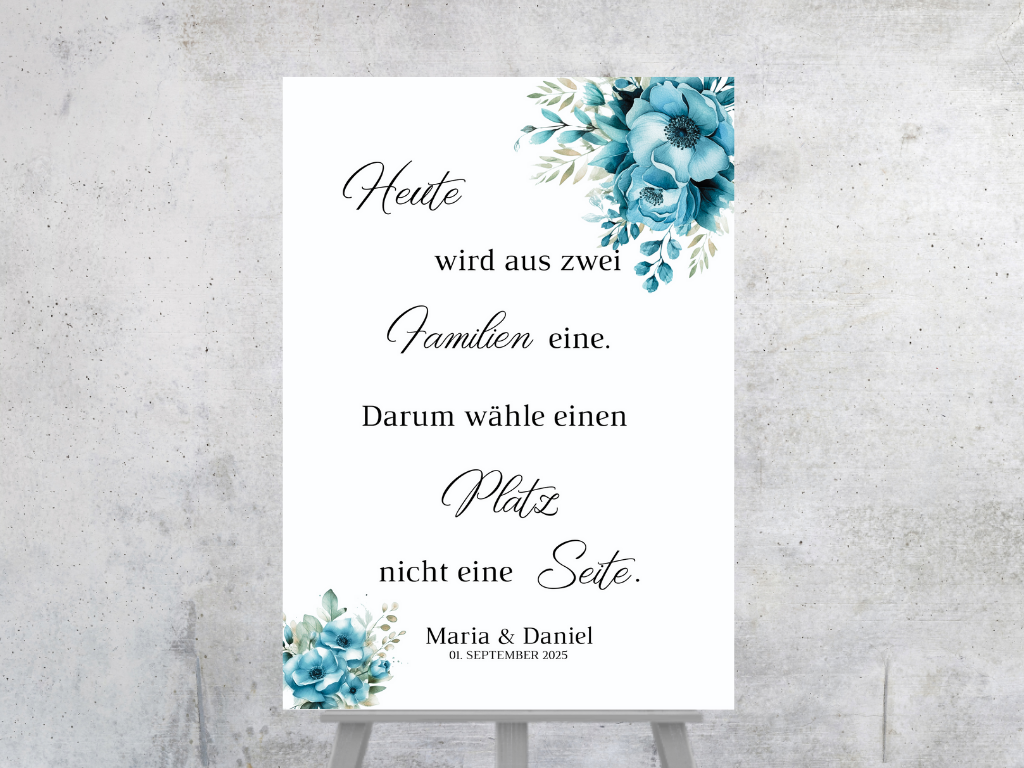 Heute wird aus zwei Familien eine Schild für Hochzeit Leinwand, Poster. Strand Hochzeit , Marine , Blaue Blumen LINDA