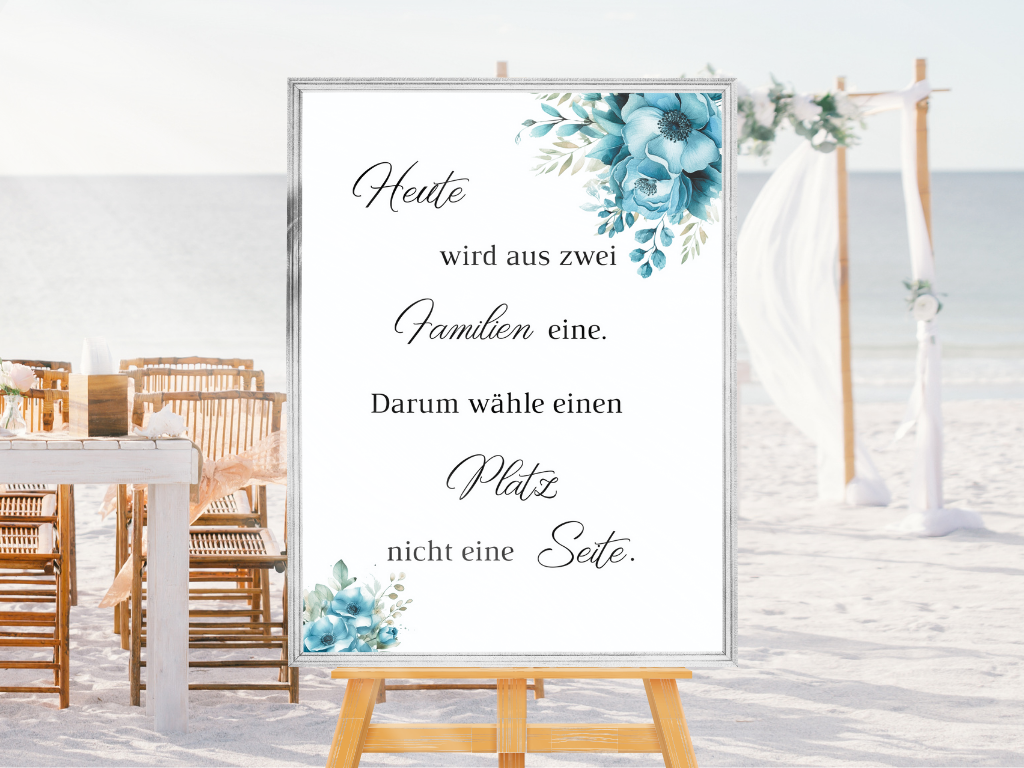 Heute wird aus zwei Familien eine Schild für Hochzeit Leinwand, Poster. Strand Hochzeit , Marine , Blaue Blumen LINDA