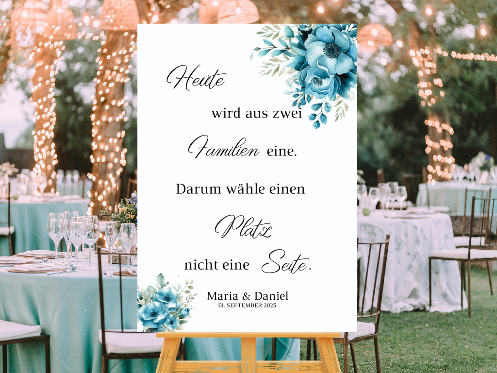 Heute wird aus zwei Familien eine Schild für Hochzeit Leinwand, Poster. Strand Hochzeit , Marine , Blaue Blumen LINDA