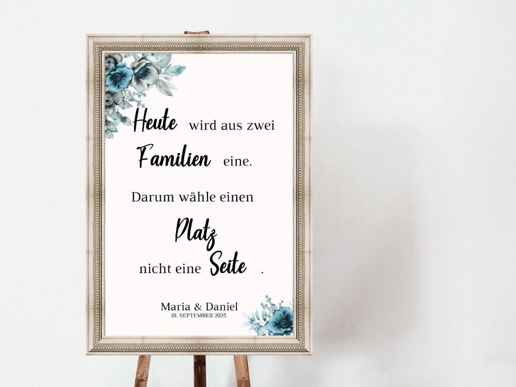 Heute wird aus zwei Familien eine Schild für Hochzeit Leinwand, Poster. Strand Hochzeit , Marine , Blaue Blumen MILA