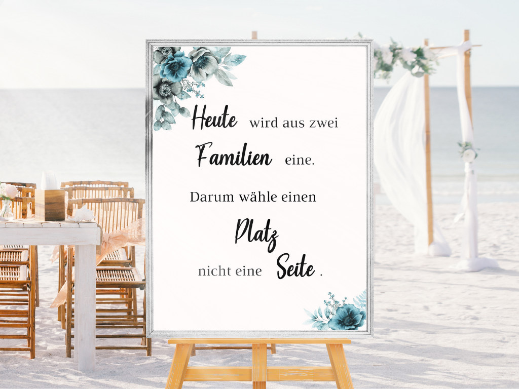 Heute wird aus zwei Familien eine Schild für Hochzeit Leinwand, Poster. Strand Hochzeit , Marine , Blaue Blumen MILA