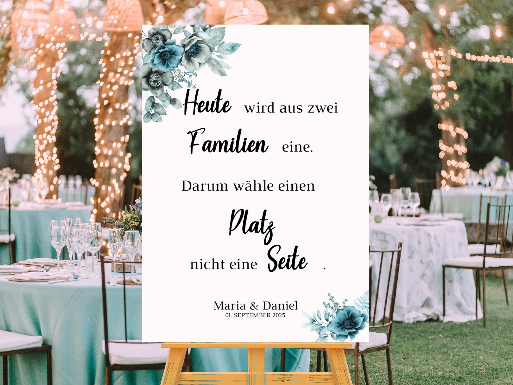 Heute wird aus zwei Familien eine Schild für Hochzeit Leinwand, Poster. Strand Hochzeit , Marine , Blaue Blumen MILA