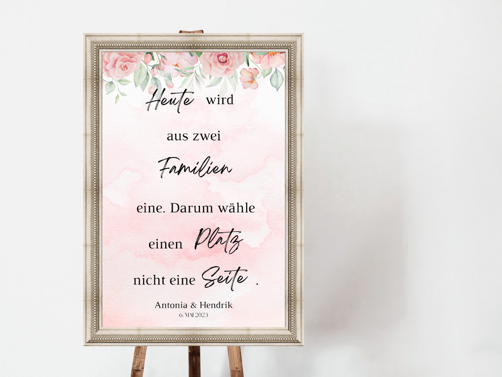 Heute wird aus zwei Familien eine Schild für Hochzeit Leinwand, Poster. Boho , Rosa Blumen LAURA