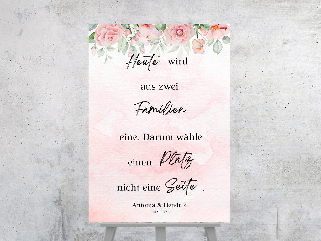 Heute wird aus zwei Familien eine Schild für Hochzeit Leinwand, Poster. Boho , Rosa Blumen LAURA