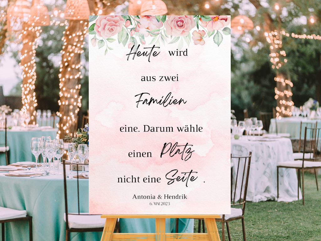Heute wird aus zwei Familien eine Schild für Hochzeit Leinwand, Poster. Boho , Rosa Blumen LAURA