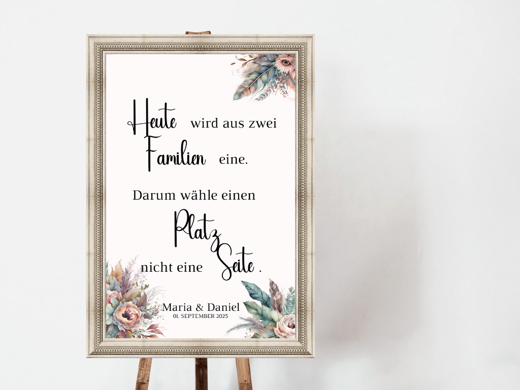 Heute wird aus zwei Familien eine Schild für Hochzeit Leinwand, Poster. Trockenblumen , Boho Strand Hochzeit DIANA
