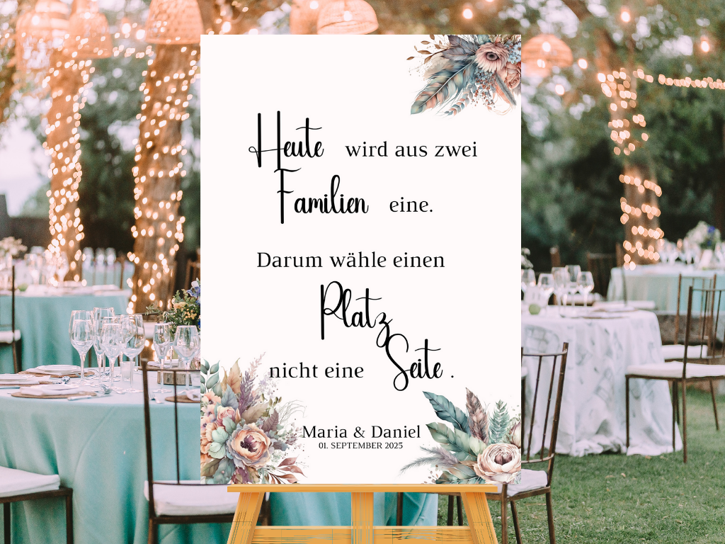 Heute wird aus zwei Familien eine Schild für Hochzeit Leinwand, Poster. Trockenblumen , Boho Strand Hochzeit DIANA