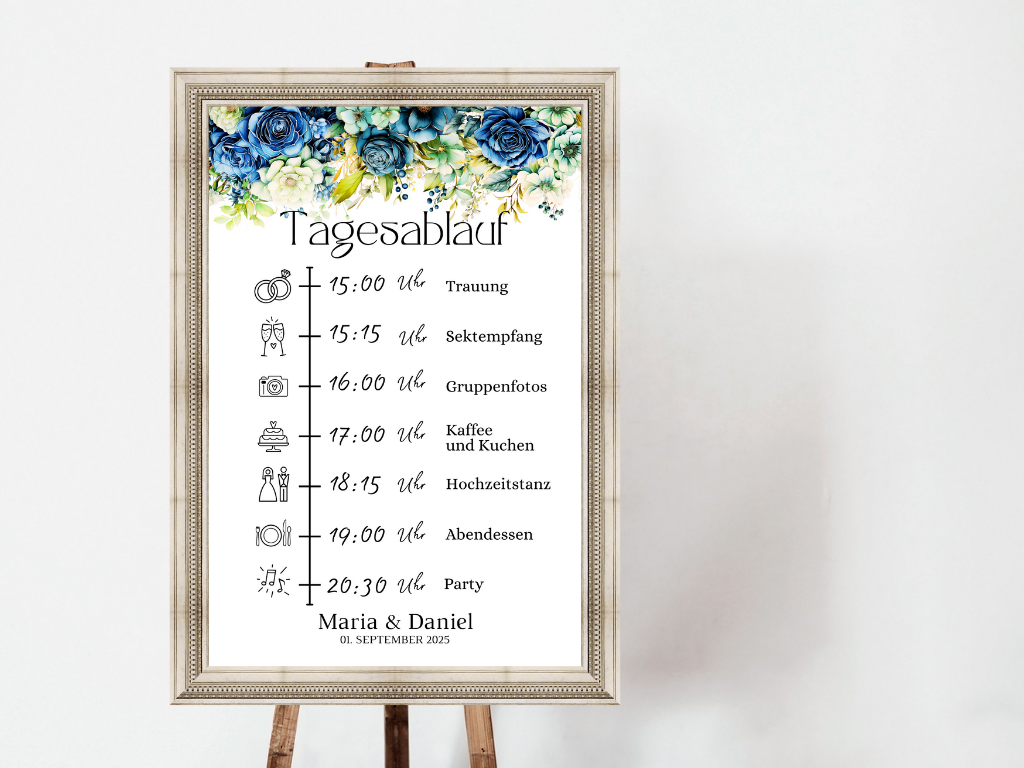 Tagesablauf für Hochzeit Leinwand, Poster . Marine , Blaue Blumen JASMIN