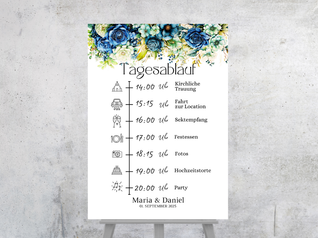 Tagesablauf für Hochzeit Leinwand, Poster . Marine , Blaue Blumen JASMIN
