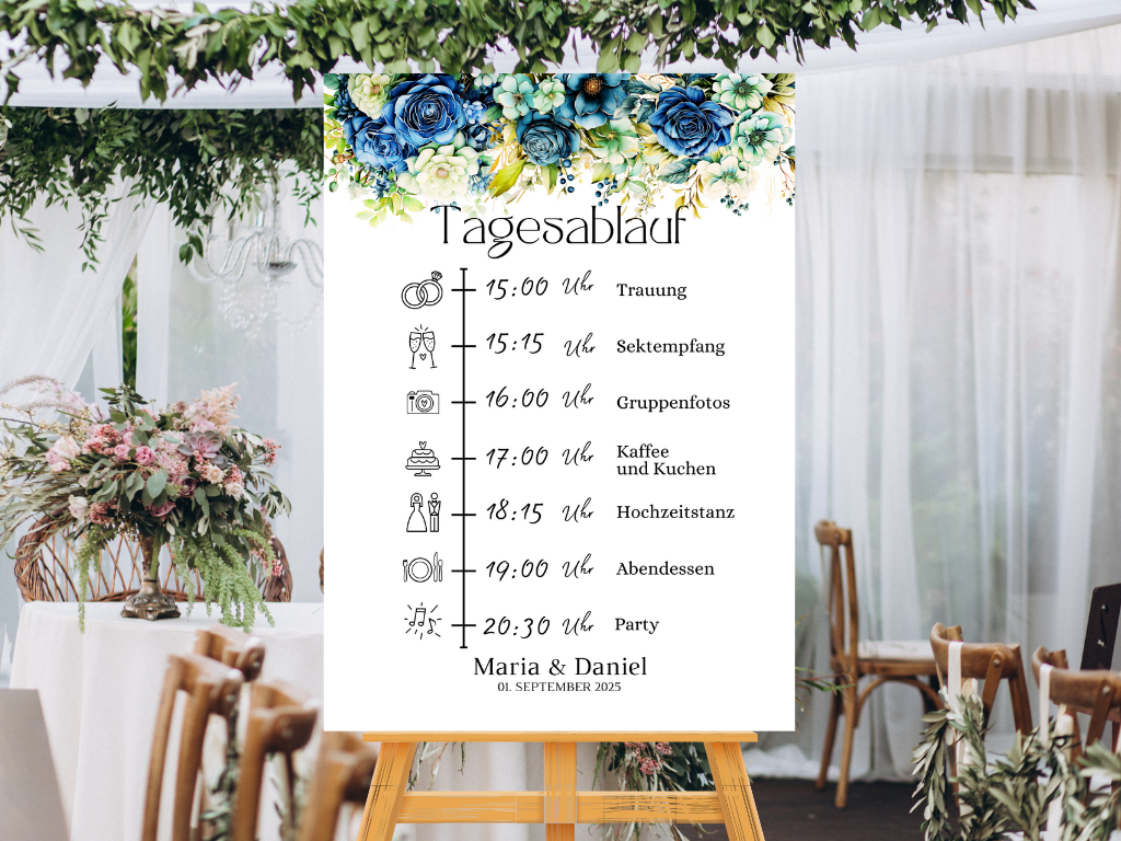 Tagesablauf für Hochzeit Leinwand, Poster . Marine , Blaue Blumen JASMIN