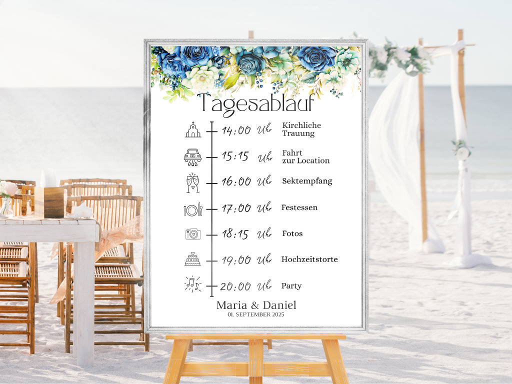 Tagesablauf für Hochzeit Leinwand, Poster . Marine , Blaue Blumen JASMIN