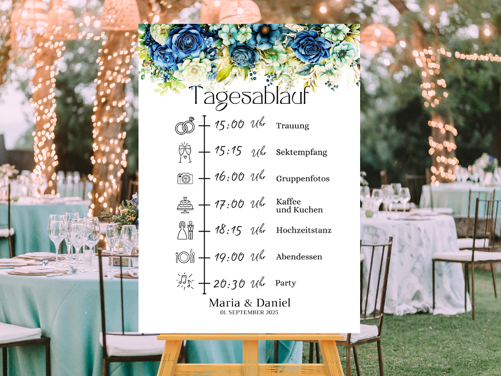 Tagesablauf für Hochzeit Leinwand, Poster . Marine , Blaue Blumen JASMIN