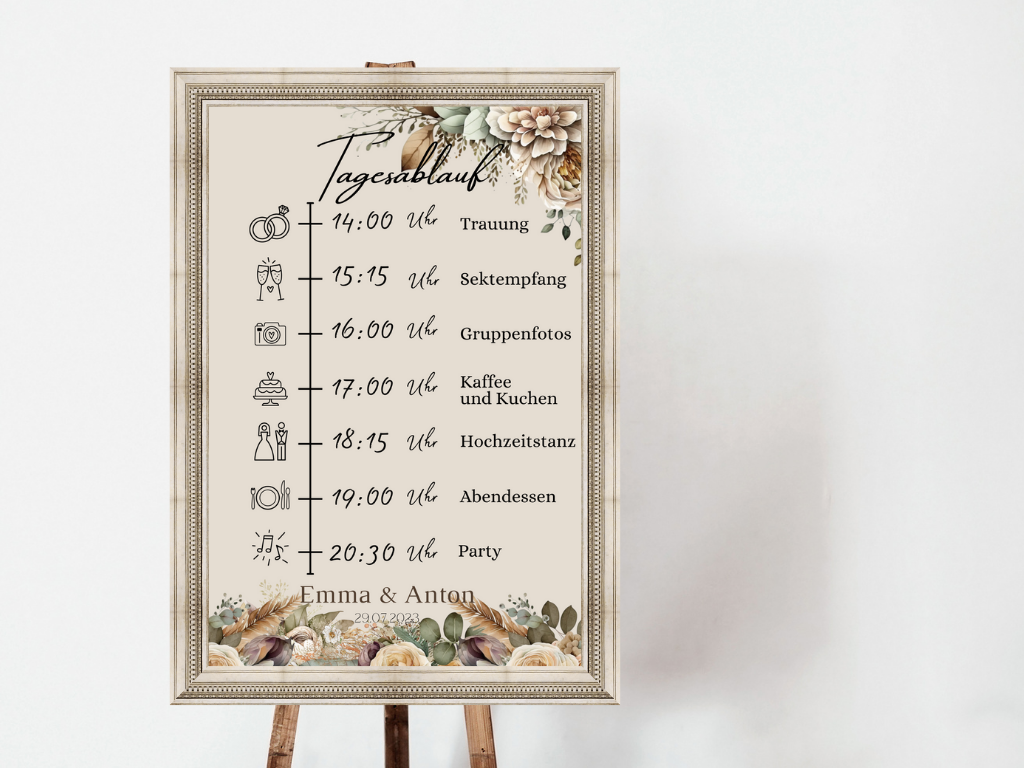 Tagesablauf für Hochzeit Leinwand, Poster . Boho , Beige , Blumen JULIA