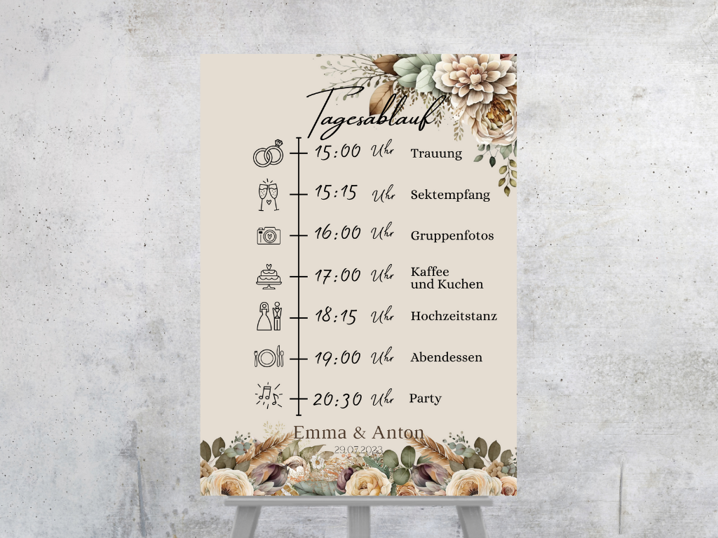 Tagesablauf für Hochzeit Leinwand, Poster . Boho , Beige , Blumen JULIA