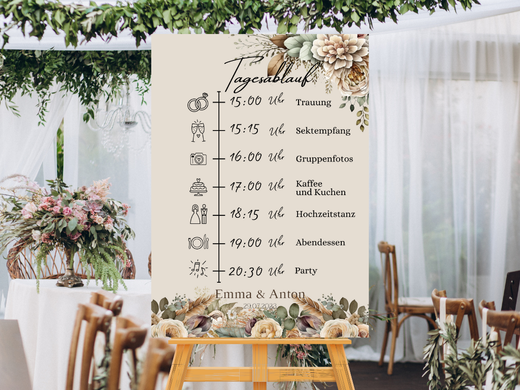 Tagesablauf für Hochzeit Leinwand, Poster . Boho , Beige , Blumen JULIA