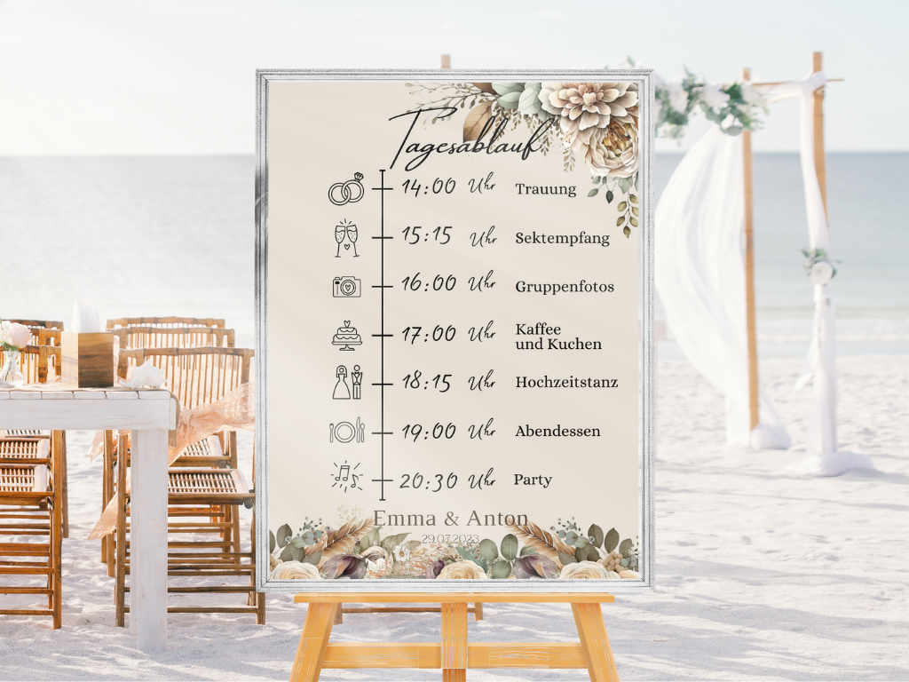 Tagesablauf für Hochzeit Leinwand, Poster . Boho , Beige , Blumen JULIA
