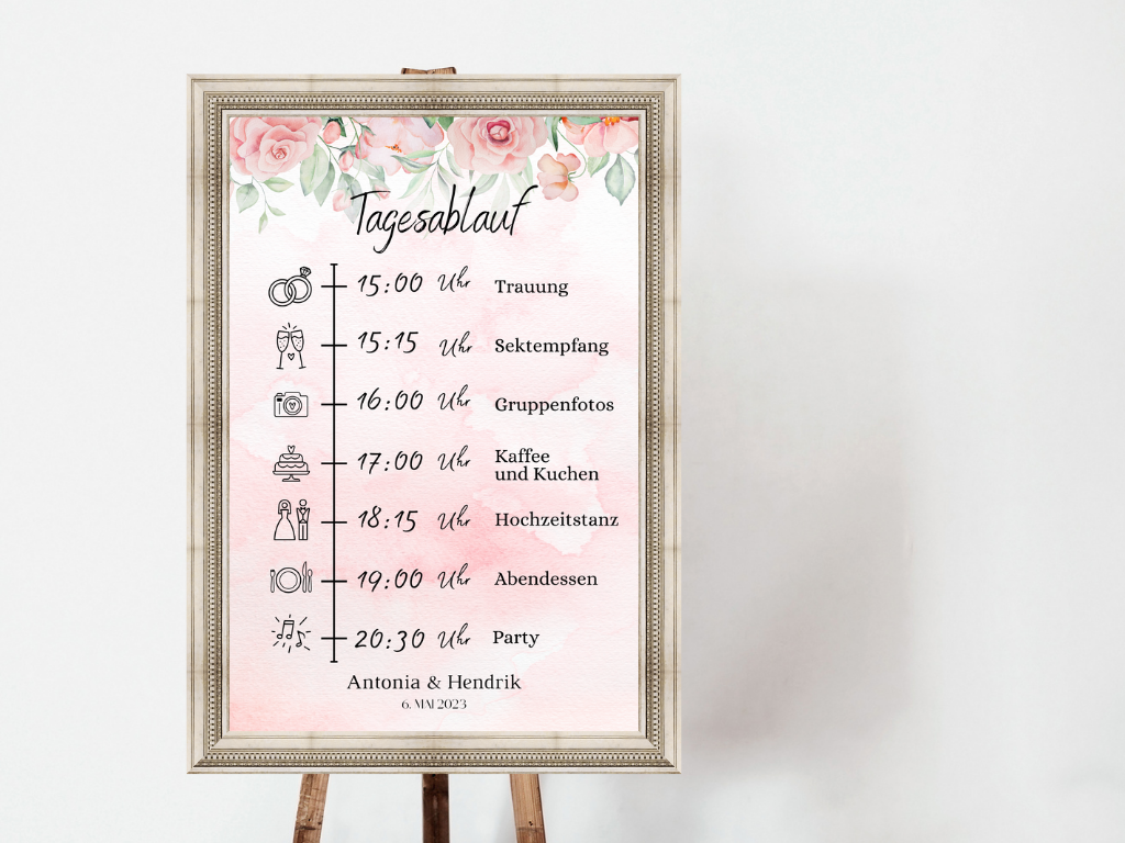 Tagesablauf für Hochzeit Leinwand, Poster . Marine , Blaue Blumen LAURA