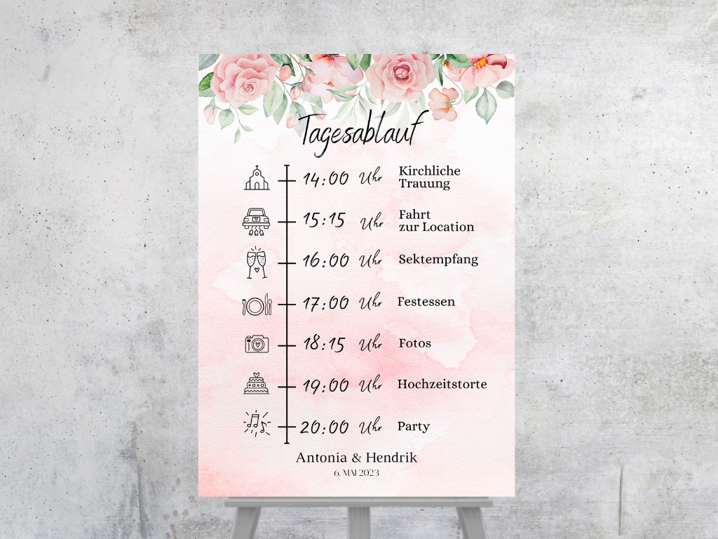 Tagesablauf für Hochzeit Leinwand, Poster . Marine , Blaue Blumen LAURA