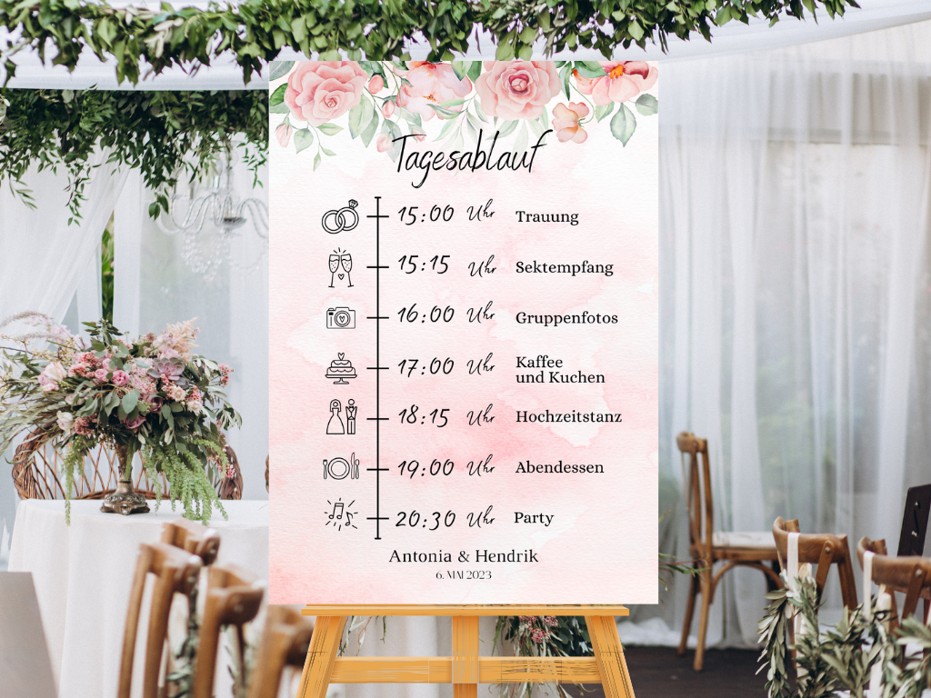 Tagesablauf für Hochzeit Leinwand, Poster . Marine , Blaue Blumen LAURA