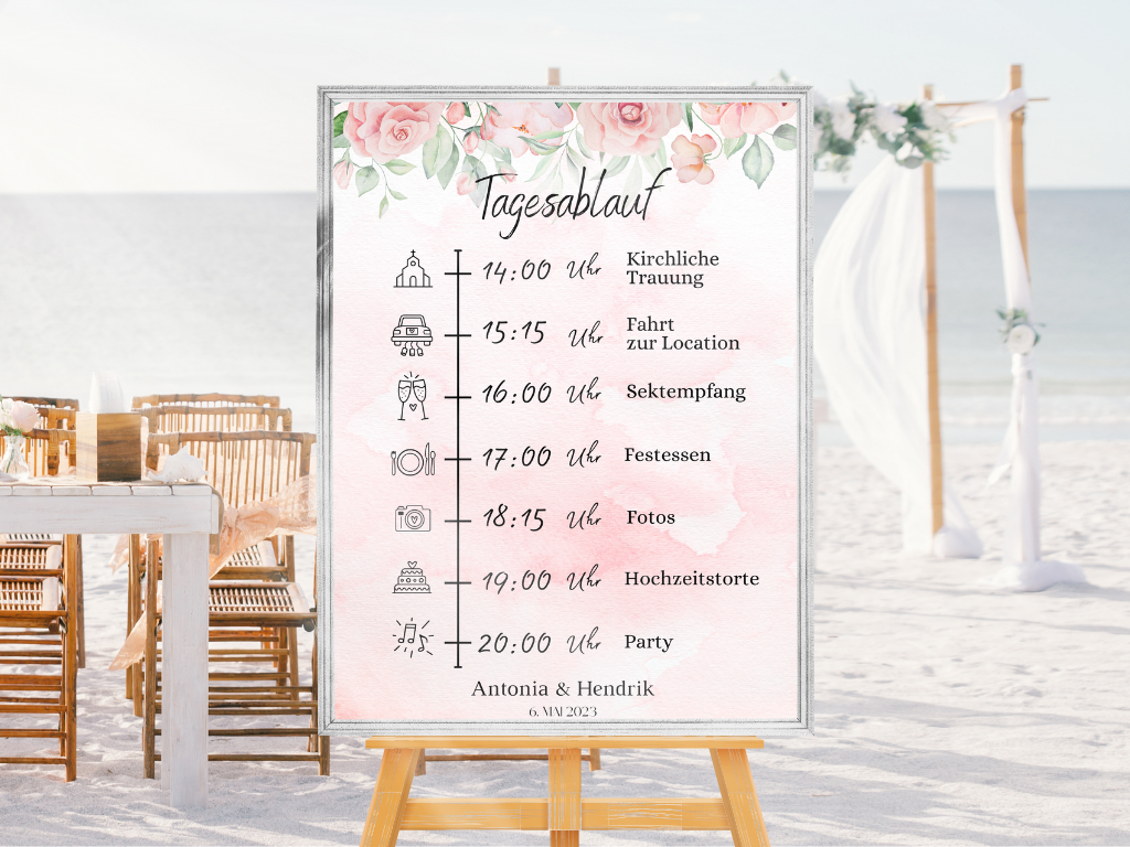 Tagesablauf für Hochzeit Leinwand, Poster . Marine , Blaue Blumen LAURA