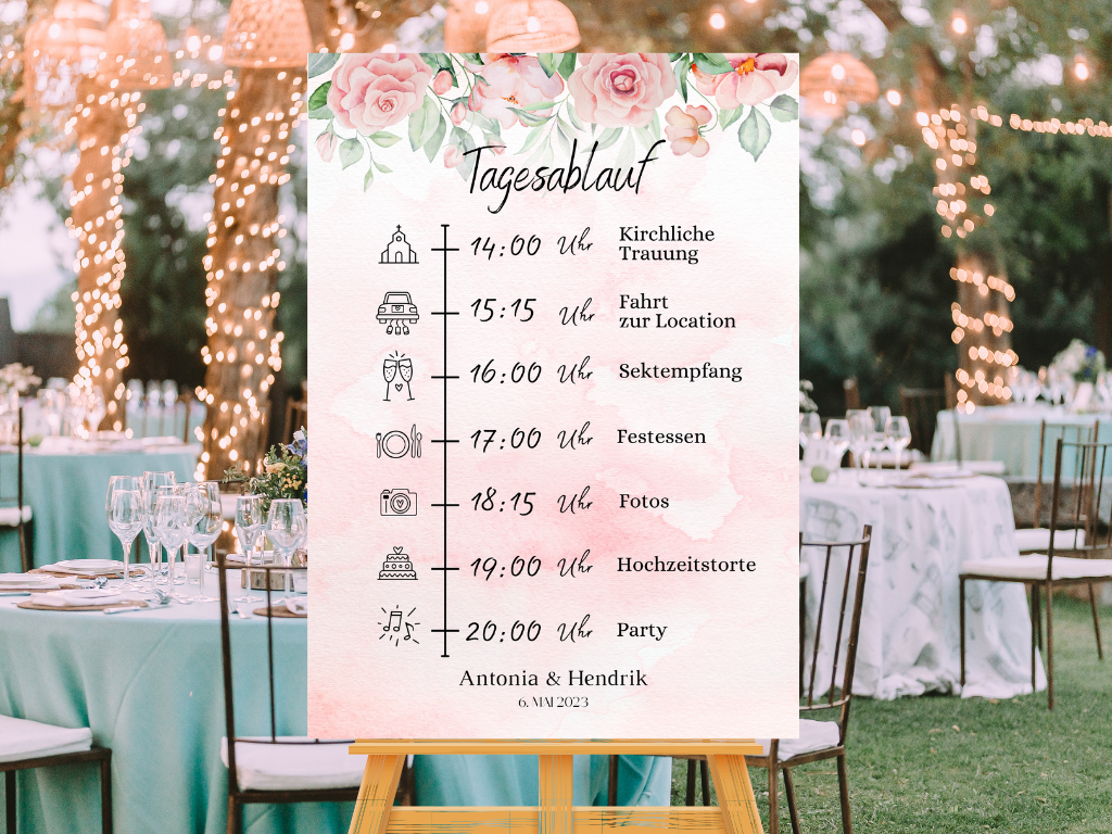 Tagesablauf für Hochzeit Leinwand, Poster . Marine , Blaue Blumen LAURA