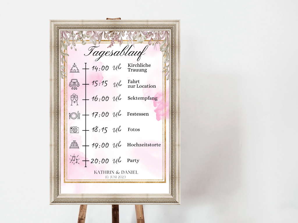Tagesablauf für Hochzeit Leinwand, Poster . Boho , Rosa Blumen MARTA