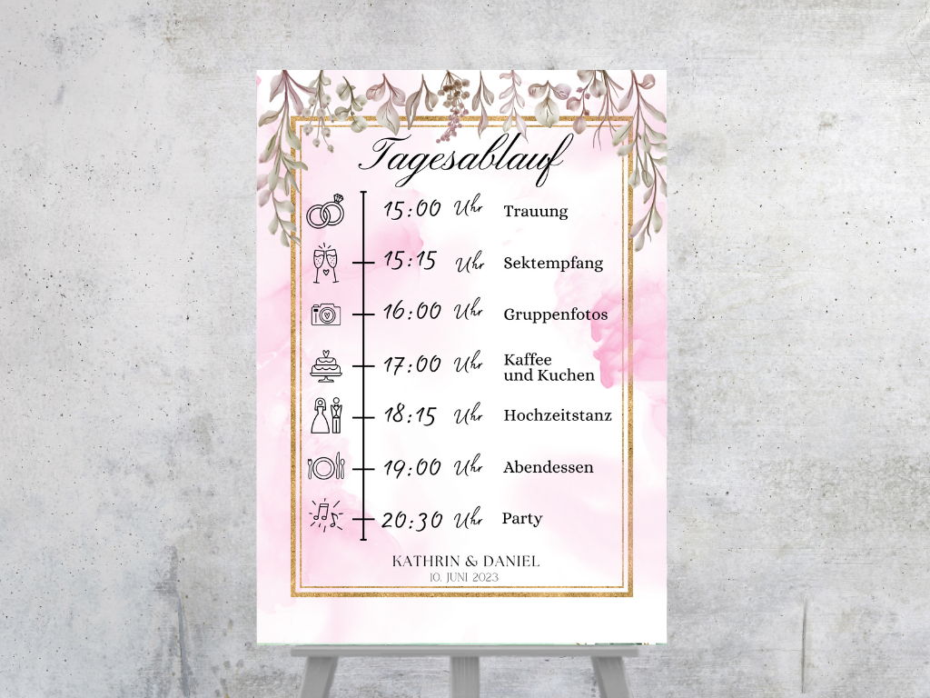 Tagesablauf für Hochzeit Leinwand, Poster . Boho , Rosa Blumen MARTA