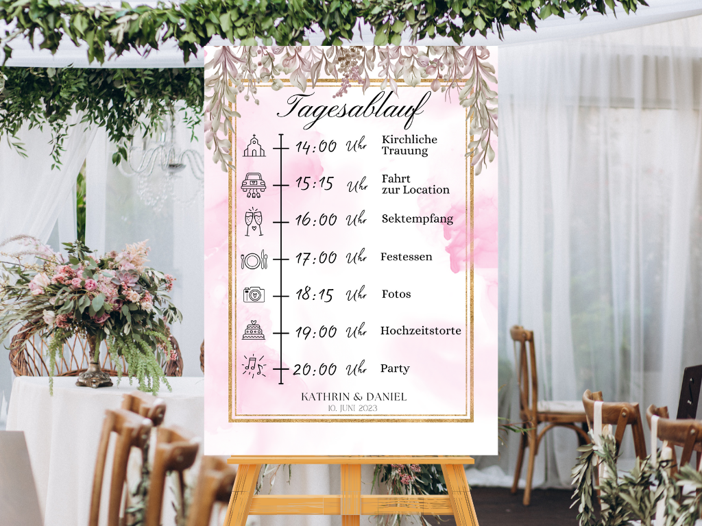 Tagesablauf für Hochzeit Leinwand, Poster . Boho , Rosa Blumen MARTA