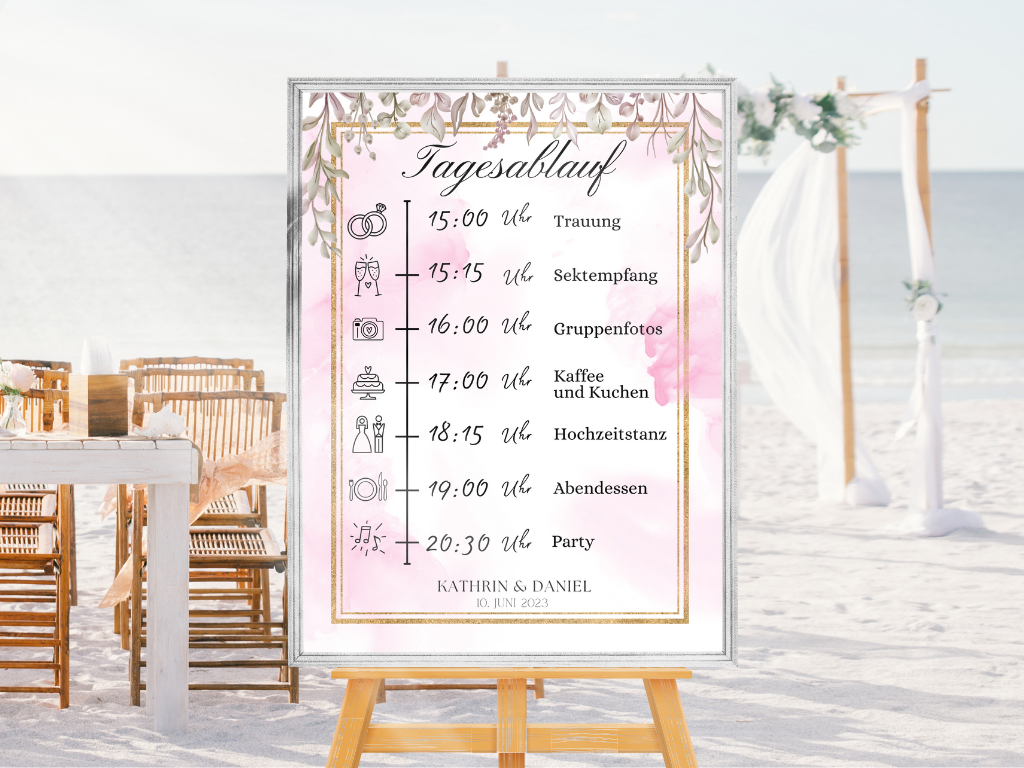 Tagesablauf für Hochzeit Leinwand, Poster . Boho , Rosa Blumen MARTA