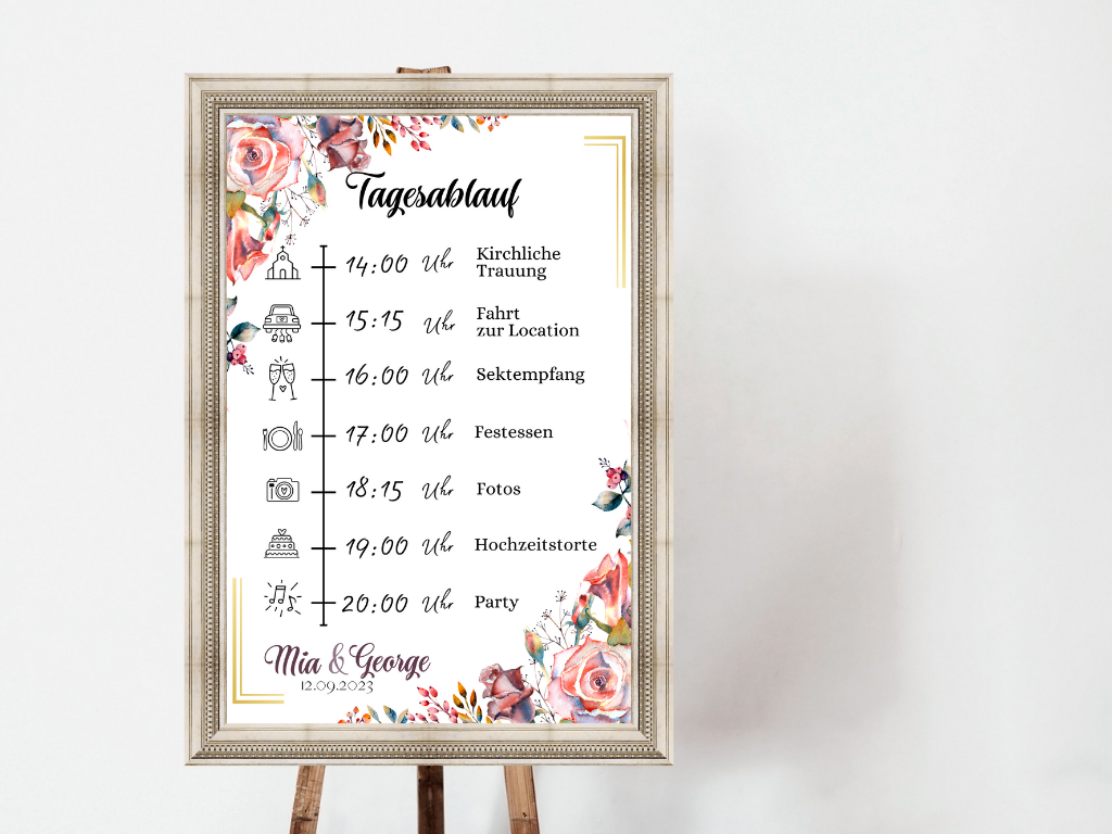 Tagesablauf für Hochzeit Leinwand, Poster . Boho , Rosa Blumen SOPHIE