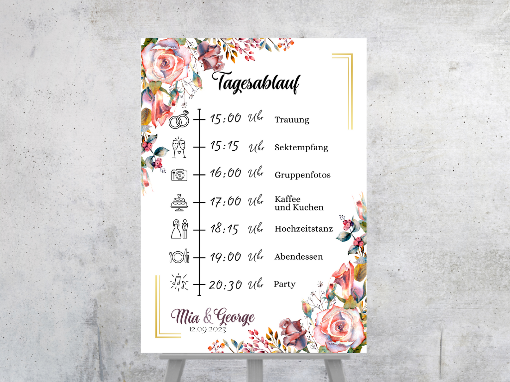 Tagesablauf für Hochzeit Leinwand, Poster . Boho , Rosa Blumen SOPHIE