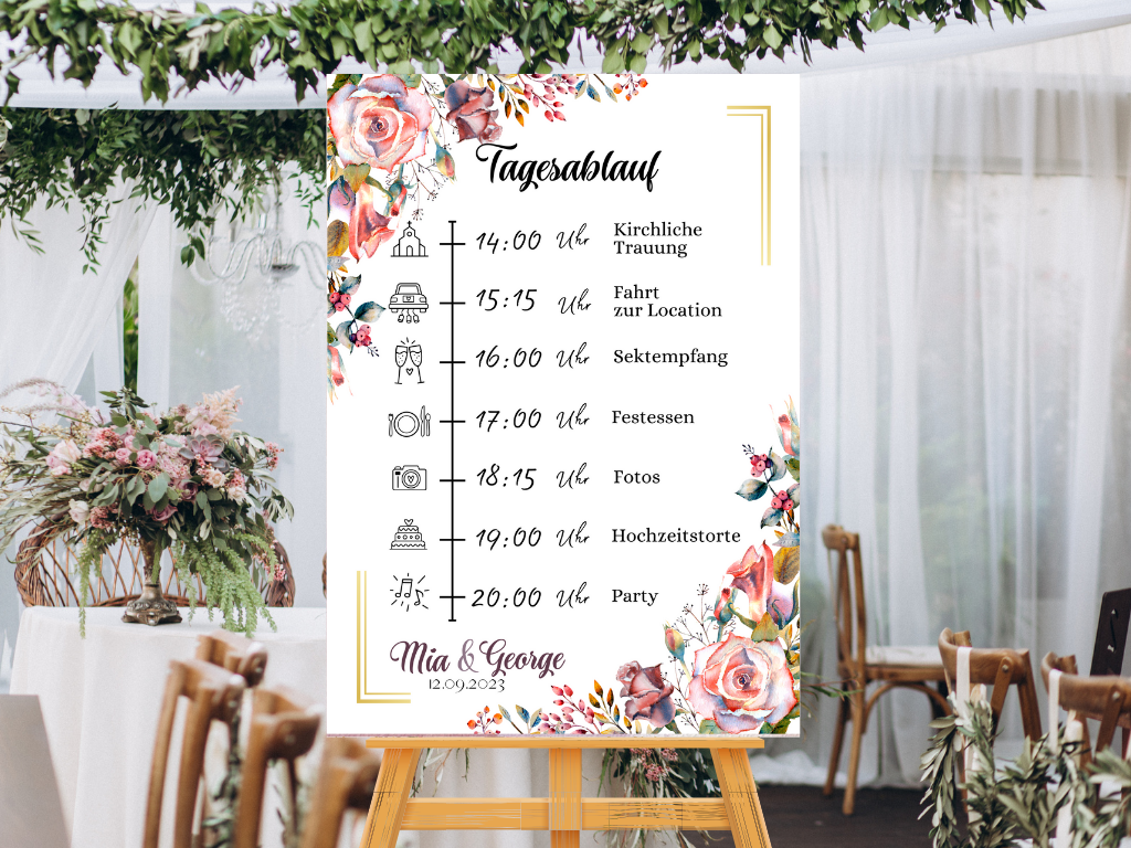 Tagesablauf für Hochzeit Leinwand, Poster . Boho , Rosa Blumen SOPHIE