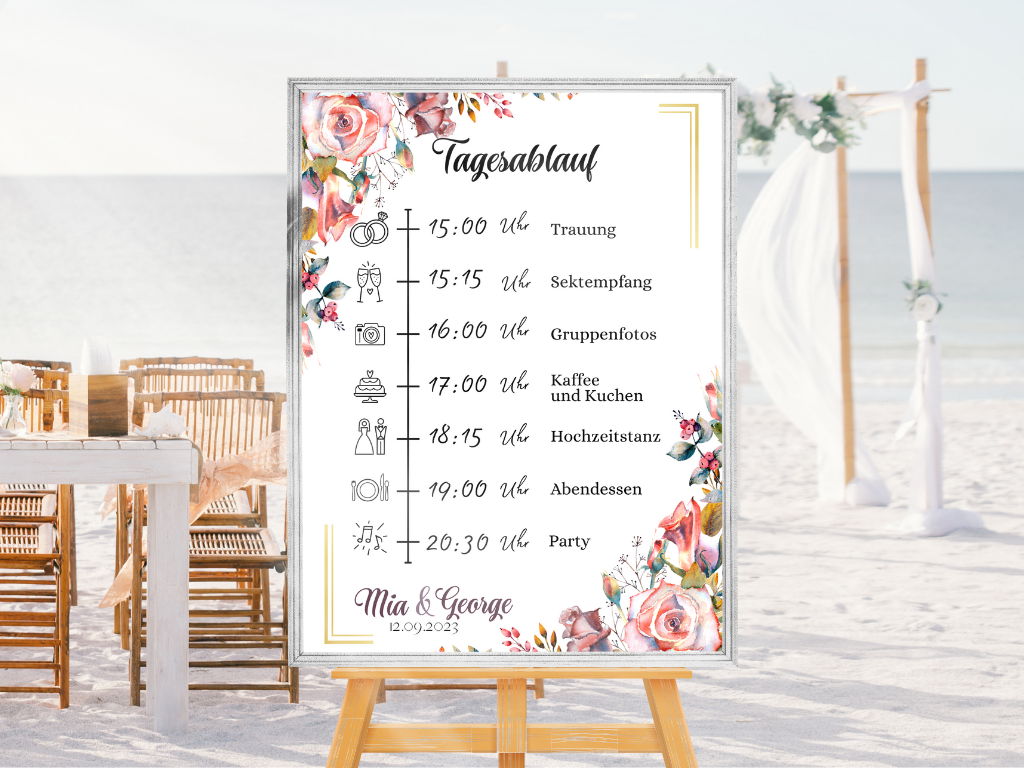 Tagesablauf für Hochzeit Leinwand, Poster . Boho , Rosa Blumen SOPHIE
